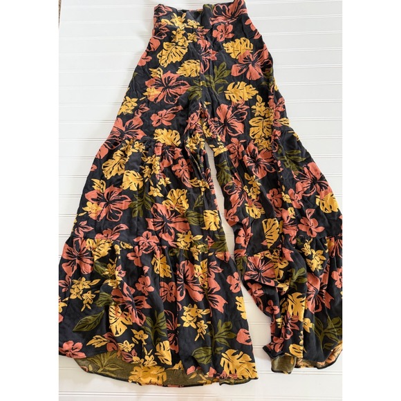 Free People Pants - Free People Floral Wide Leg Smocked Pants Black Orange Boho Tiered Bell Bottom S